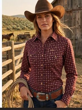 Cruel Girl Western Geometric Print Snap Shirt  in Burgundy - Size Small